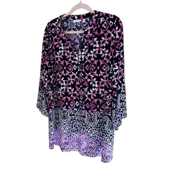 Susan Graver Jersey Tunic Top Size 1X FloralAbstract Liquid Knit Stretchy - Picture 2 of 8